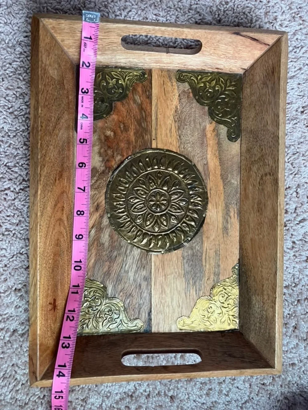 Decorative Wooden Serving Tray with Brass Accents - Brown Home Decor